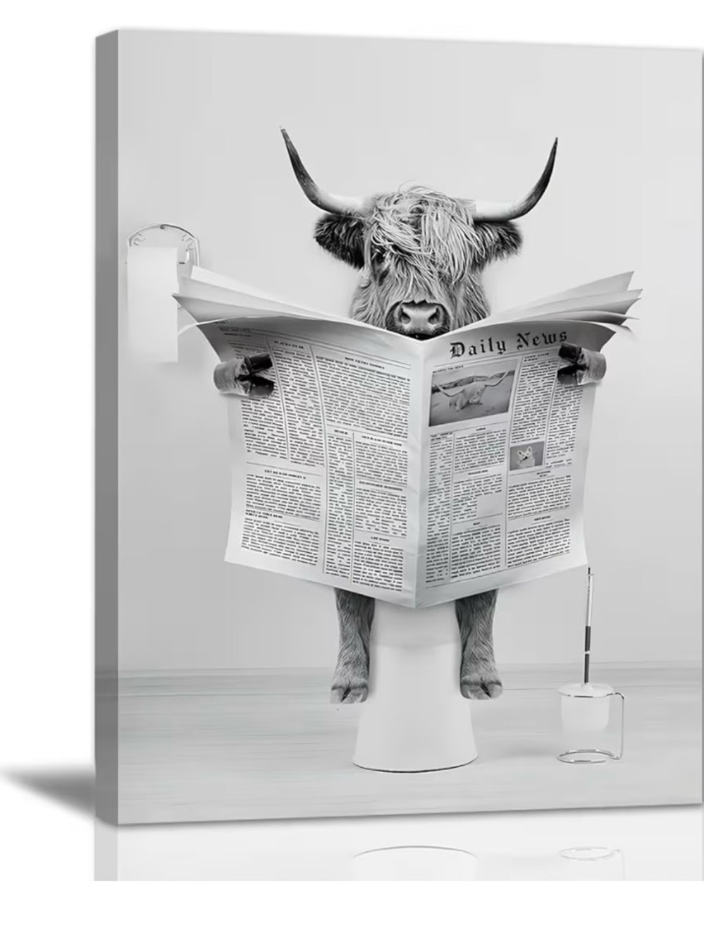 12x16 canvas Black and White Highland Cow Reading Newspaper Wall Art